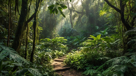 Foggy trail in the rainforest of Costa Rica, Central America