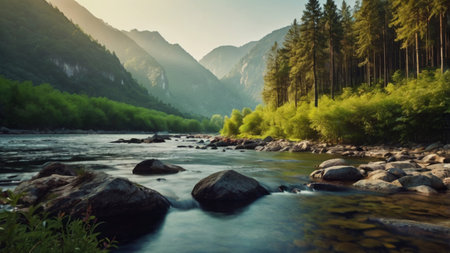 Mountain river in the mountains at sunset. Beautiful nature landscape.