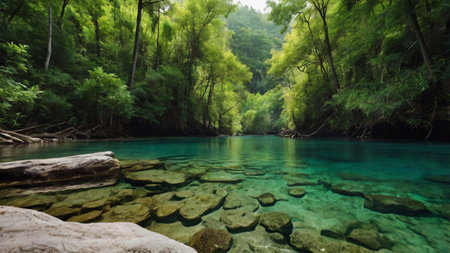 Panoramic view of the emerald green river in the forest