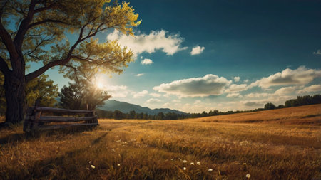 Beautiful summer landscape with a wooden fence in the field and a tree