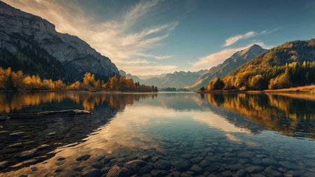 Panoramic view of the alpine lake. Autumn landscape.