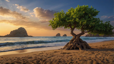 Tropical beach at sunset. Seascape with big treeの写真素材