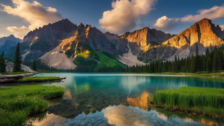 Panoramic view of Lake Louise at sunset, Alberta, Canadaの写真素材