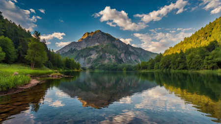 Panoramic view of the lake in the mountains. Summer landscape.