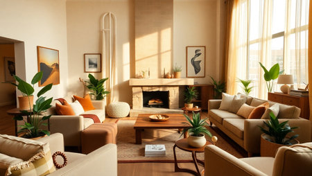 Interior of a modern living room with a fireplace, sofa and armchairs
