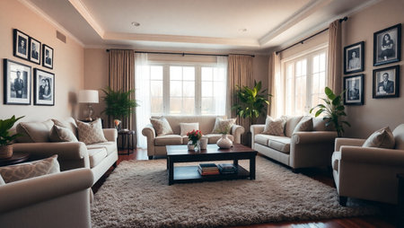 Interior of a modern living room with beige sofas