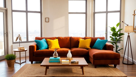 interior of modern living room with brown sofa and orange pillows