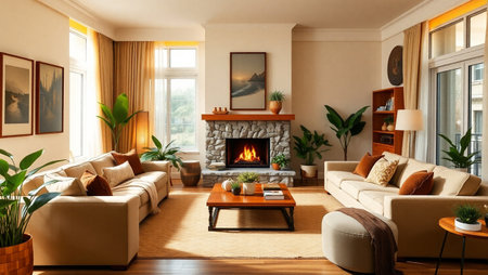 Interior of modern living room with fireplace, sofa and armchairs