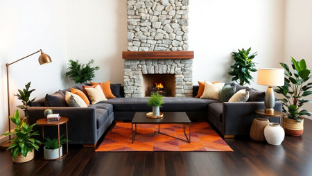 interior of modern living room with black sofa and fireplace, nobody inside