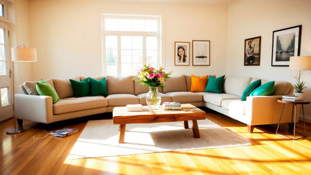 Interior of a living room with a sofa, coffee table and flowers
