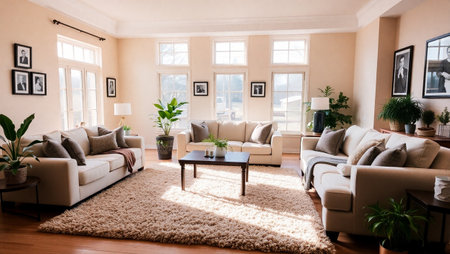 Interior of a living room with beige sofa and coffee table
