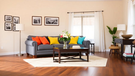 Interior of living room with sofa, coffee table and picture frames