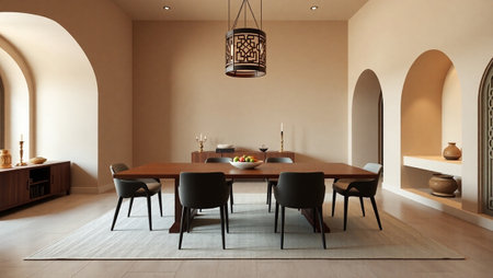 Modern dining room interior design. 3d render illustration mock up.