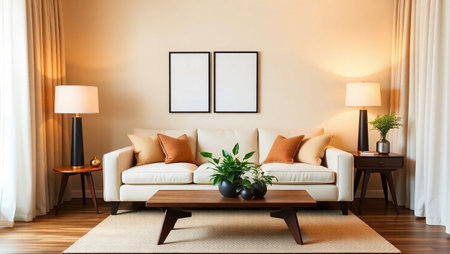 Interior of living room with sofa, coffee table, lamp and plants