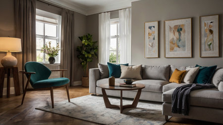 interior of modern living room with grey sofa and green armchair