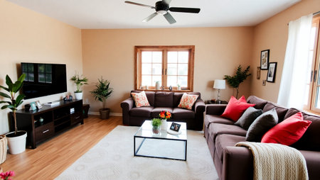 Interior of a living room with sofa, coffee table and tvの写真素材