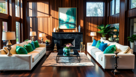 Interior of a modern living room with a fireplace and sofas