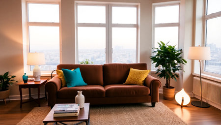 Interior of a living room with a brown sofa, a coffee table and a large windowの写真素材