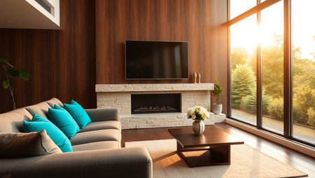 Modern living room interior with fireplace and tv. 3d render illustration