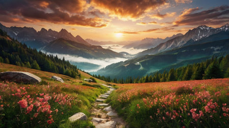 Panoramic view of beautiful alpine meadow at sunset.の写真素材