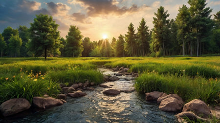 Beautiful summer landscape with river and green meadow at sunset.