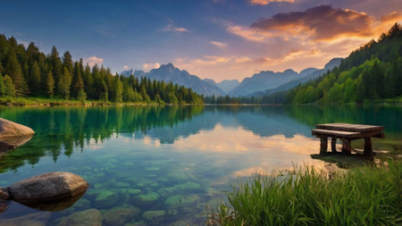 Mountain lake at sunset, Dolomites, South Tyrol, Italy