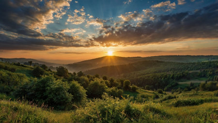 Sunset in the mountains. Beautiful summer landscape. Ukraine, Europe.の写真素材