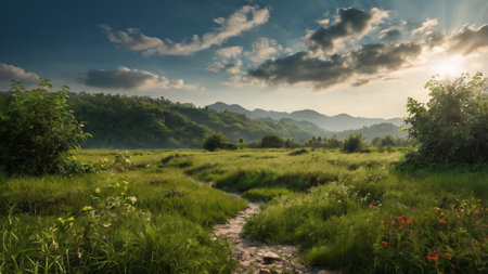 Beautiful panoramic view of rice field in the morning.