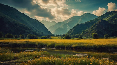 Mountain landscape with river and yellow flowers. Caucasus, Georgia.の写真素材