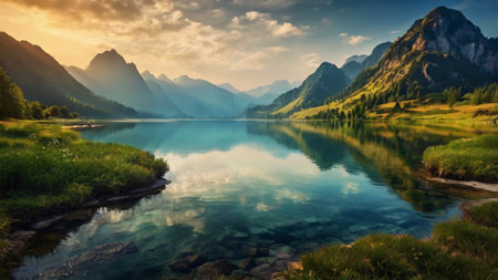 Mountain lake at sunrise. Dramatic overcast sky. Beauty world.の写真素材