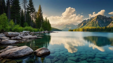 Panoramic view of the mountain lake. Beautiful summer landscape.の写真素材