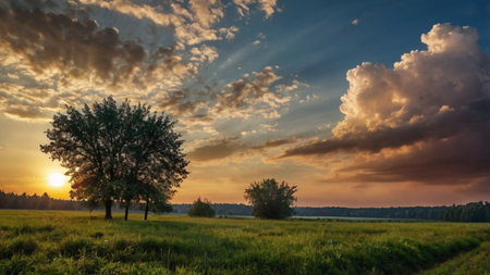 Sunset over a meadow with trees in the foreground and clouds in the skyの写真素材