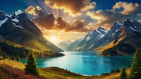 Mountain lake at sunset. Beautiful summer landscape with mountains and cloudsの写真素材