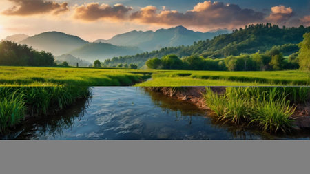 Landscape of rice field with mountain background in the morning time.の写真素材