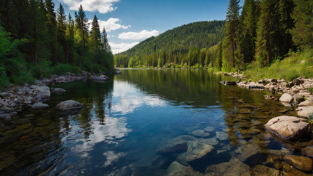 Panoramic view of the mountain lake in the forest. Summer landscape