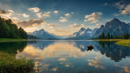 Panoramic view of the lake with mountains in the background.