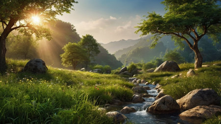 Beautiful summer landscape with mountain river and green grass at sunset.の写真素材