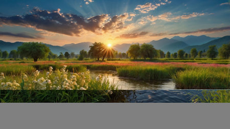 Beautiful sunset in the rice field and river with mountain background.の写真素材