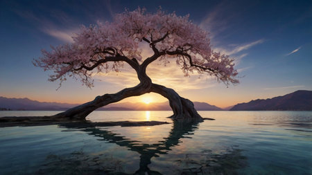 Sakura tree in the lake at sunset, 3d render.の写真素材