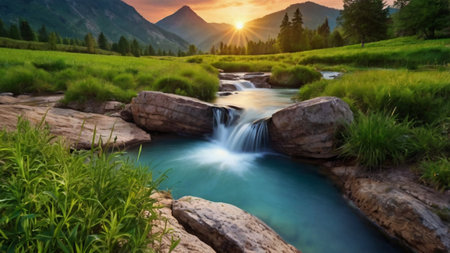 Mountain river in the summer at sunset. Beautiful mountain landscape.の写真素材