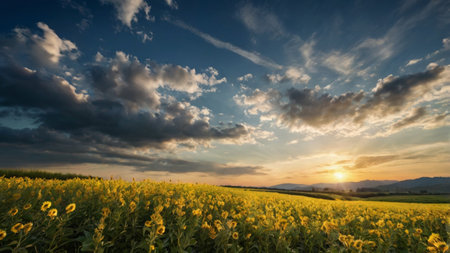 Sunflower field at sunset. Beautiful landscape with sunflower field.の写真素材
