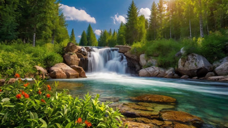 Beautiful waterfall in the Altai mountains on a sunny summer dayの写真素材