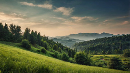 Beautiful summer landscape with green meadow and mountains in the backgroundの写真素材