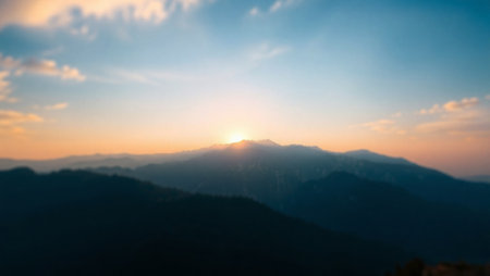 Sunset over the mountain range. Panoramic view of the mountains.の写真素材