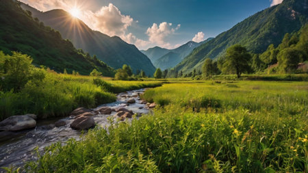 Mountain river in the highlands of the Caucasus, Russia.の写真素材
