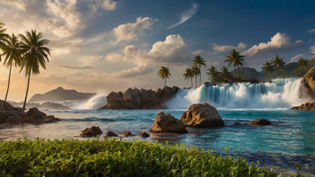 Tropical waterfall with palm trees and rocks at sunset.の写真素材