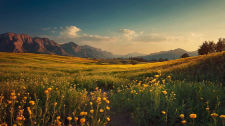 Sunset over the meadow with yellow flowers and mountains in the backgroundの写真素材
