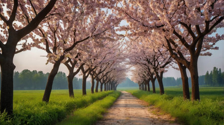 Cherry blossoms in full bloom along a country road in springの写真素材