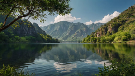 Beautiful view of the lake and mountains in the summer, Chinaの写真素材