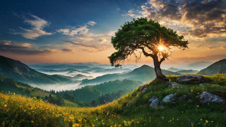 Lonely tree on the mountain meadow in the rays of the rising sunの写真素材